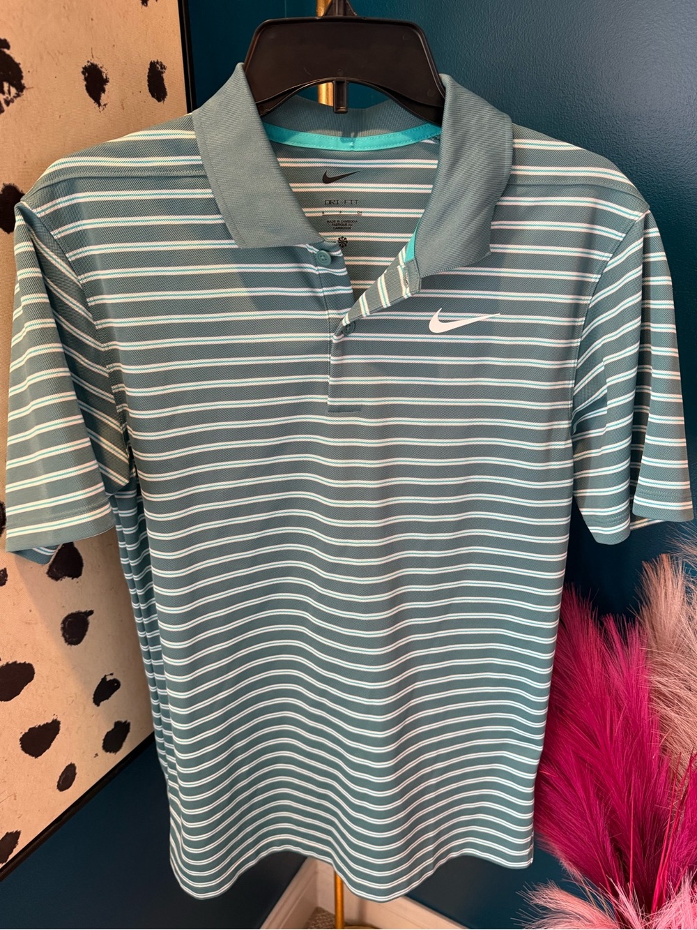 Nike Men's Teal and White Striped Polo Shirt
